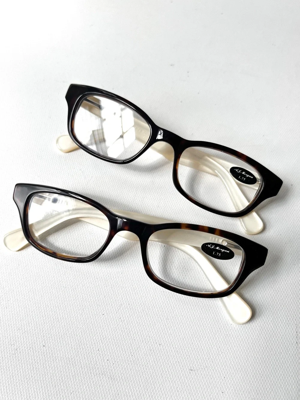 2pr Lot PETITE Fit +1.75 Reading Glasses Imperfect Tortoise/White Square Hornrim